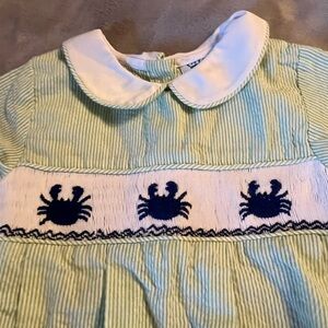 Pattycakes 18 mos boys boutique green and white striped with blue crabs